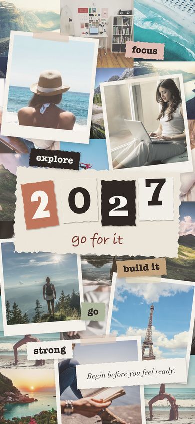 2027 vision board phone wallpaper with travel, work and fitness photos and the words explore, build it and focus