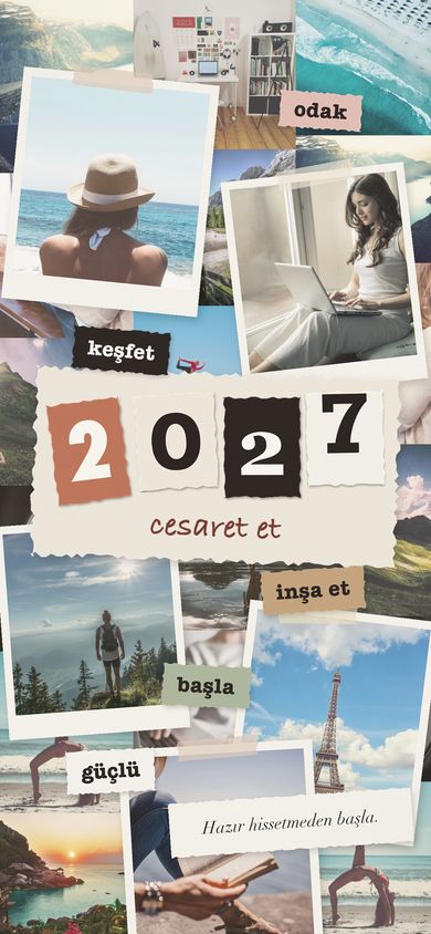 Seyahat, iş ve spor fotoğraflarıyla 2027 vizyon panosu duvar kâğıdı: keşfet, inşa et, odak yazıları