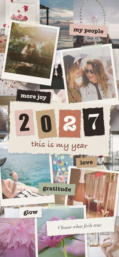 2027 vision board phone wallpaper with friends, flowers and celebration photos and the words more joy, love and glow