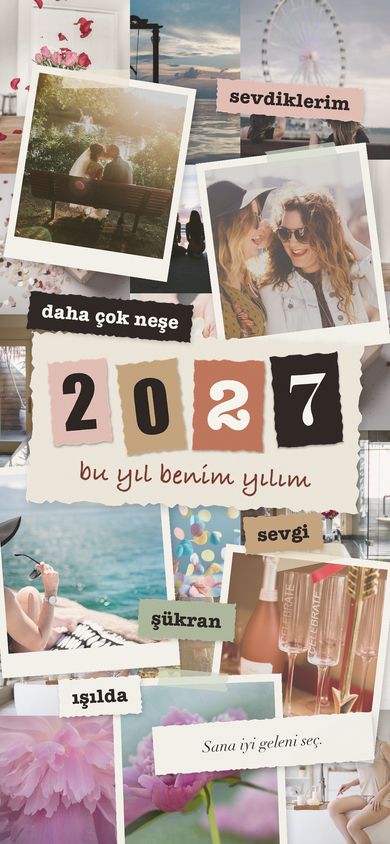 Arkadaşlar, çiçekler ve kutlama fotoğraflarıyla 2027 vizyon panosu duvar kâğıdı: daha çok neşe, sevgi, ışılda yazıları