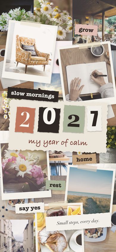 2027 vision board phone wallpaper in a warm, homey collage style with polaroids and the words slow mornings, home and say yes