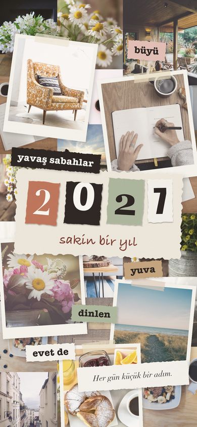 Sıcak ev temalı 2027 vizyon panosu duvar kâğıdı: polaroidler ve yavaş sabahlar, yuva, evet de yazıları
