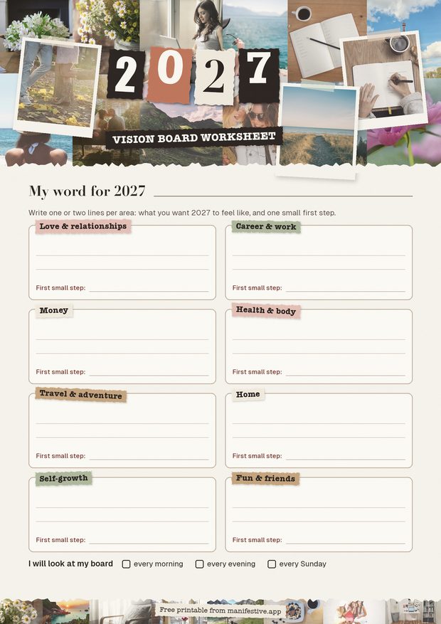 Preview of the printable 2027 vision board worksheet with a photo collage header and eight life area boxes