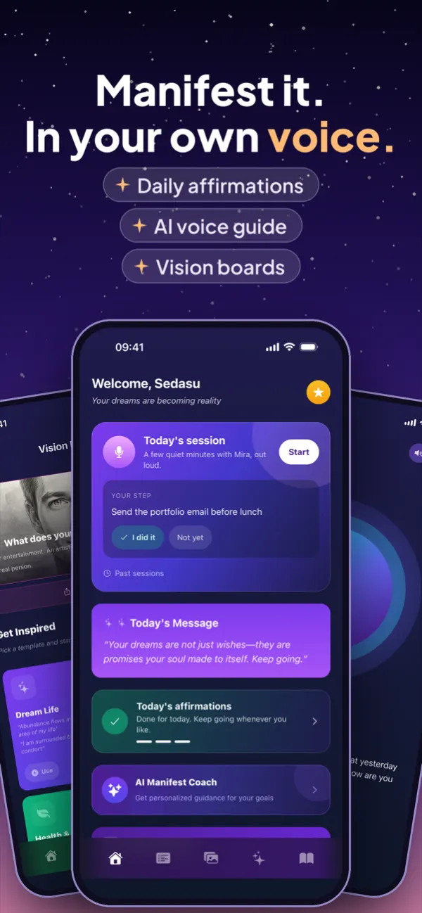 Manifestive home screen: daily affirmations, an AI voice guide and vision boards