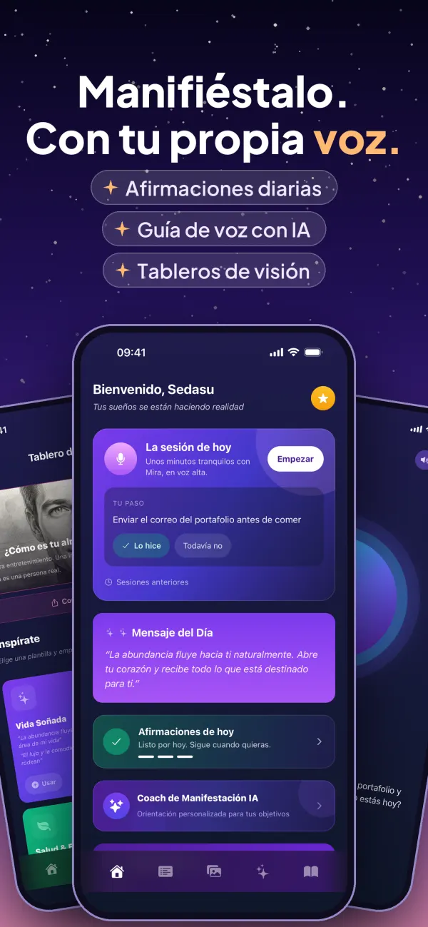 Pantalla de inicio de Manifestive: afirmaciones diarias, guía de voz con IA y tableros de visión